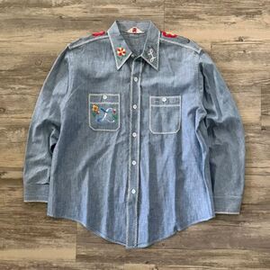 Vintage 1950s King Cole Chambray Embroidered Button Shirt Size L